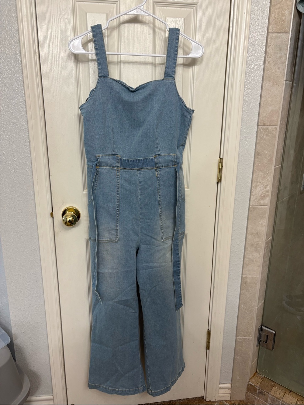 Copper Key Light Blue Denim Wide-Leg Jumpsuit with Front Pockets
